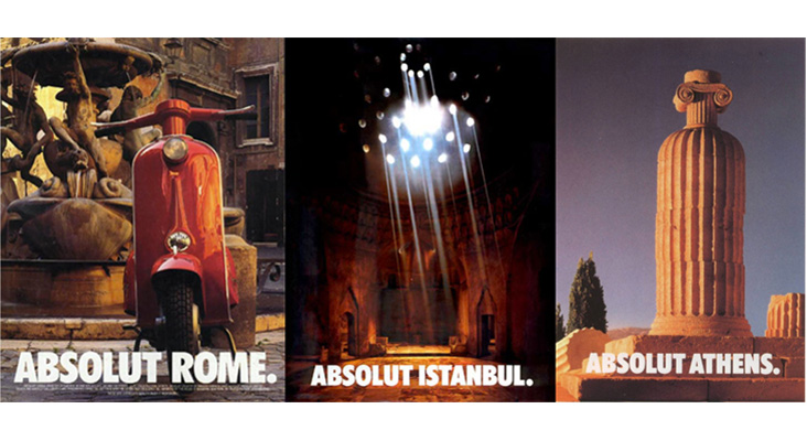 absolut votka, şişe silüetli roma, istanbul, atina afişleri